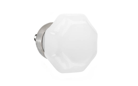 Elegant & classic octagonal cabinet glass knob with an attractive "Translucent White Opal" color. The glass is carefully set into a handsome solid brass base with a threaded shank in the back. Brushed nickel finish on solid brass material. Octagon shape knob. 1-1/4" Diameter Knob 