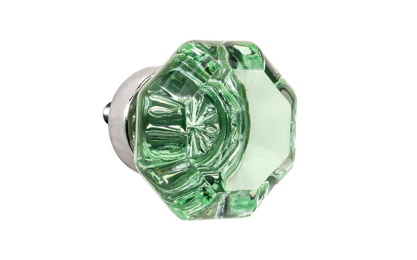 Elegant & classic octagonal cabinet glass knob with an attractive "Depression Green" color. The glass is carefully set into a handsome solid brass base with a threaded shank in the back. Polished nickel finish on solid brass base. Octagon shape knob.  1-1/4" Diameter Knob 