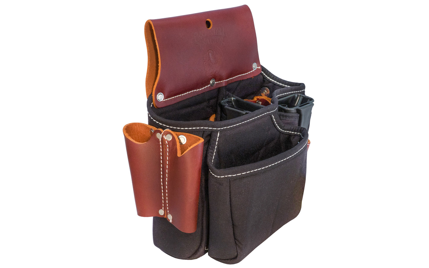 Occidental Leather "Stronghold" Tool Case ~ Model 9085 - Fits a 3" work belt - A case designed for tool organization! Two No. 2003 "Oxy Tool Shields", 18 pockets & tool holders total. Leather lined inside all along the bottom. Great for master finish carpenter or plant engineers. Made of Nylon & genuine Leather.